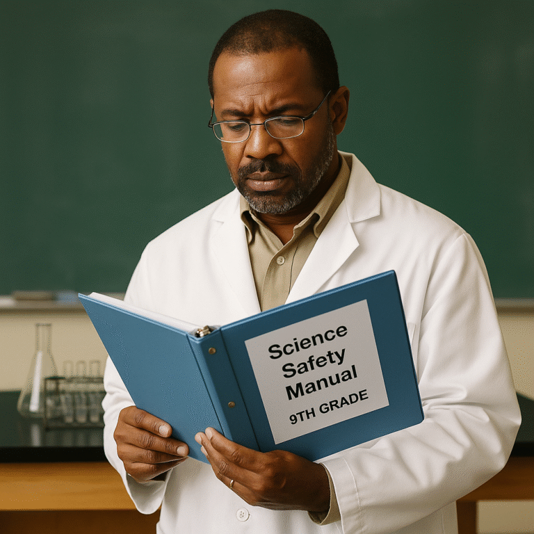 A man in a white lab coat stands in a classroom, reading a blue binder labeled Science Safety Manual, 9th Grade. A chalkboard and laboratory glassware are visible in the background.