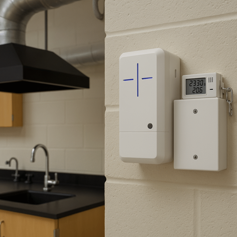 Two white sensors on a beige wall, one showing temperature and humidity, in a lab room with a sink and ventilation duct