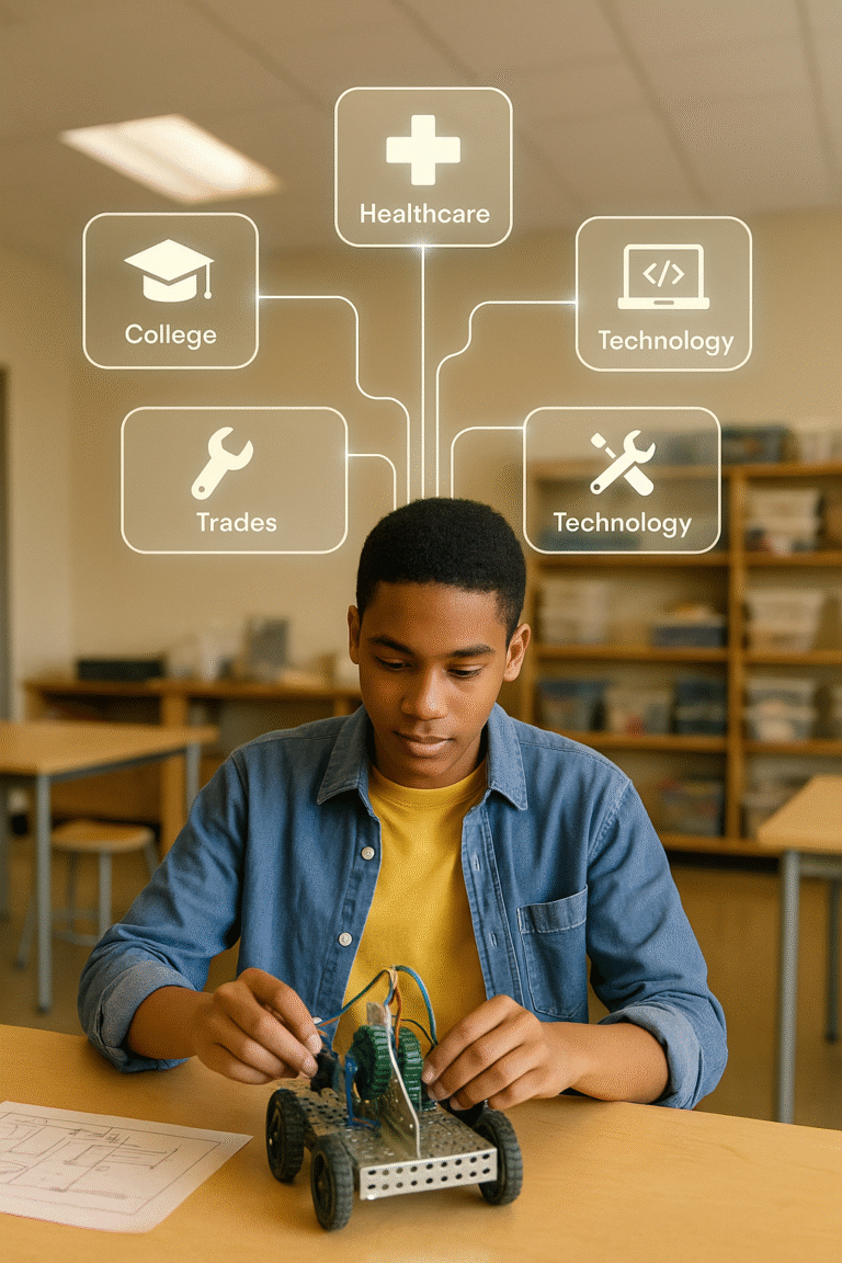 A student works on a robotics project in a classroom. Above him, icons and labels for Healthcare, College, Trades, and Technology represent potential career paths.