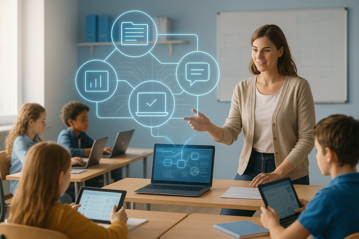 A teacher stands near students using laptops in a classroom. She gestures toward a laptop displaying digital icons representing files, chat, analytics, and checklists, illustrating technology in education.