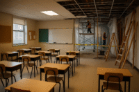 An empty classroom with rows of desks at the back two workers on scaffolding repair the ceiling with caution tape and plastic sheets separating the construction area