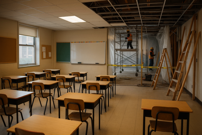 An empty classroom with rows of desks at the back two workers on scaffolding repair the ceiling with caution tape and plastic sheets separating the construction area