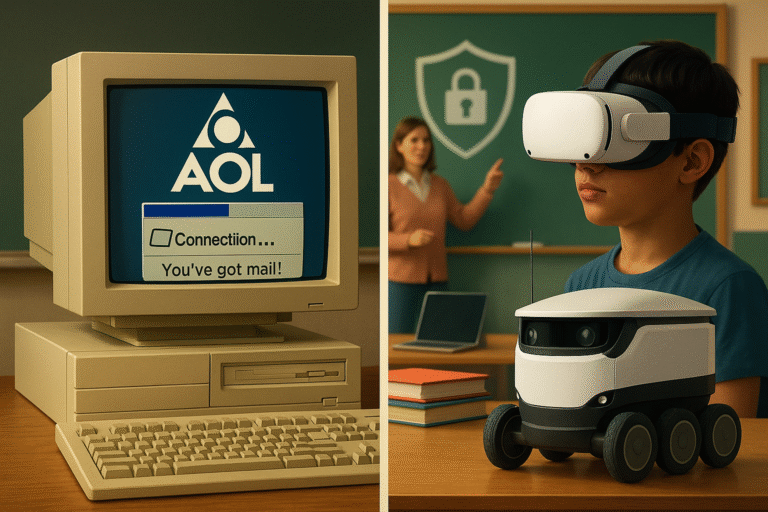 Split image: On the left, an old beige computer displays the AOL logo and Youve got mail! message. On the right, a boy wearing a VR headset sits beside a small robot, with a teacher and chalkboard in the background.