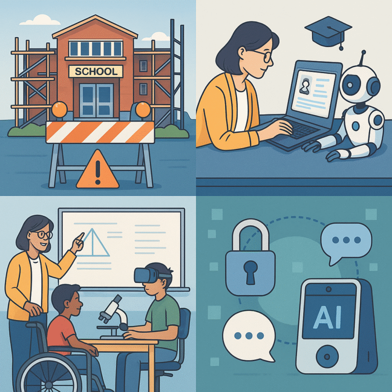 Four-panel illustration: a school building under construction, a woman and robot at a laptop, a teacher with two students (one in a wheelchair) using tech, and icons of a lock, chat bubbles, and an AI-enabled device.