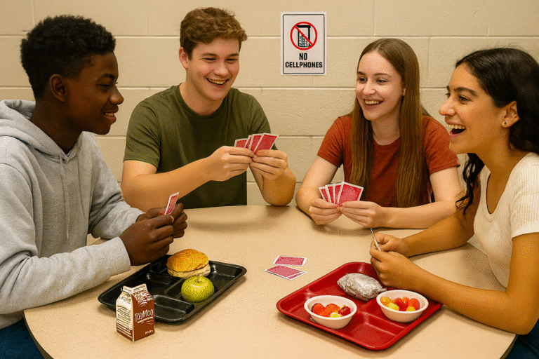 Four teenagers sit around a table in a cafeteria, smiling and playing cards. Food trays with meals are in front of them, and a “No Cellphones” sign is visible on the wall behind them.
