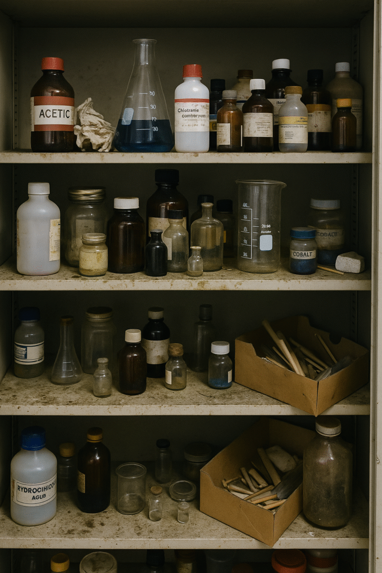 A storage cabinet filled with various glass bottles and containers of chemicals, some labeled, including acetic acid and hydrochloric acid, along with beakers, test tubes, and boxes of small laboratory tools.