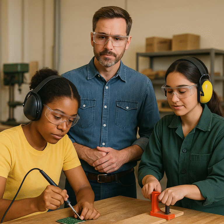 Two young women wearing safety glasses and headphones work with tools at a table, while an adult man in safety glasses stands behind them, supervising in a workshop or classroom setting.
