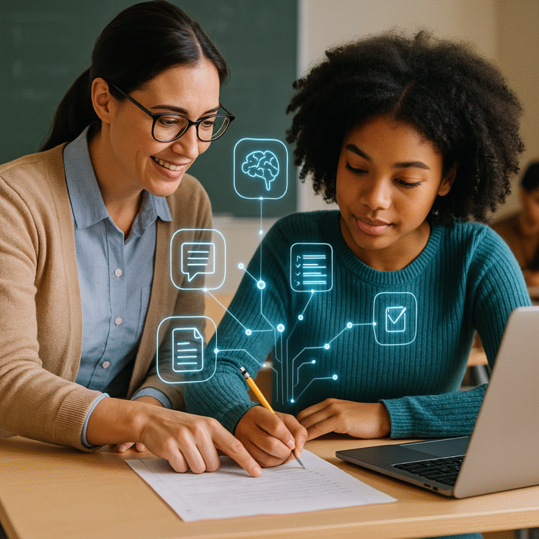 A teacher helps a student with her work at a desk, both smiling. Digital icons, such as a brain, chat bubbles, and a checklist, are overlaid, symbolizing learning and communication. A laptop and paper are on the table.