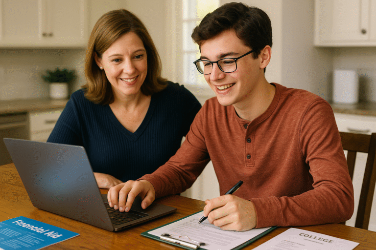 A smiling teenage boy sits at a table with a woman, using a laptop and filling out forms labeled College and Financial Aid. They appear to be working together in a bright kitchen setting.