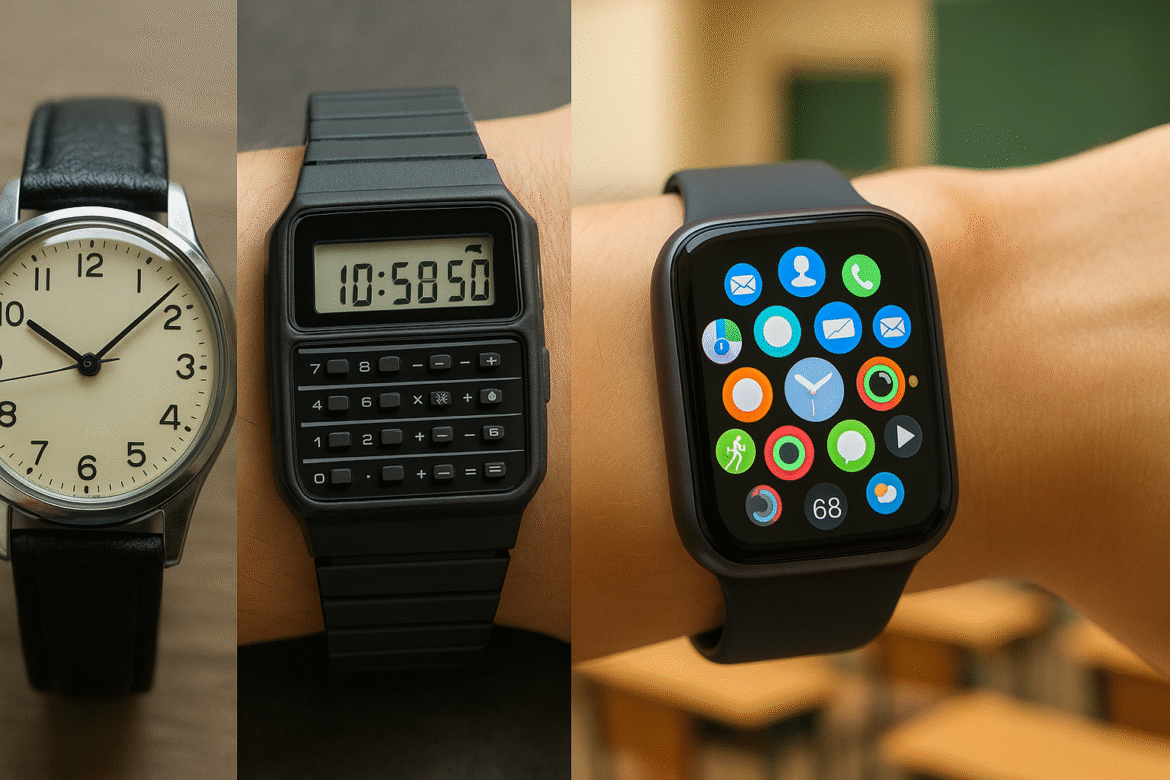 Three types of watches: an analog watch with a leather strap, a digital calculator watch on a wrist, and a smartwatch displaying colorful app icons on another wrist, with a blurred classroom background.