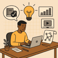 A person at a laptop surrounded by icons of books a checklist a lightbulb charts and a network diagram