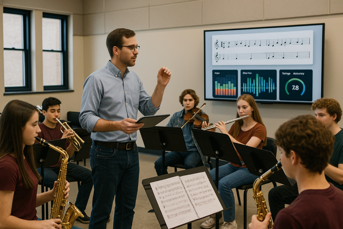A music teacher conducts a group of students playing various instruments in a classroom. Behind them is a screen displaying sheet music, a bar graph, and a score of 78. The students are seated in a semicircle.