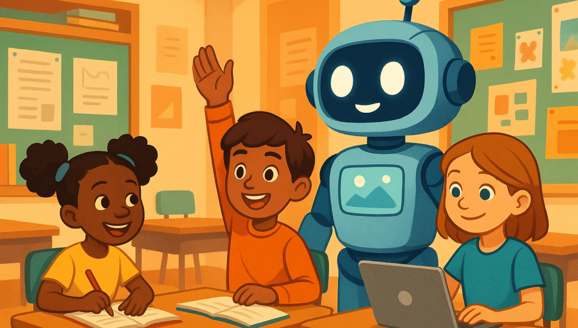 A friendly robot stands with three cheerful children in a classroom. Two kids are writing in notebooks, one is using a laptop, and one raises their hand, suggesting an interactive learning environment.