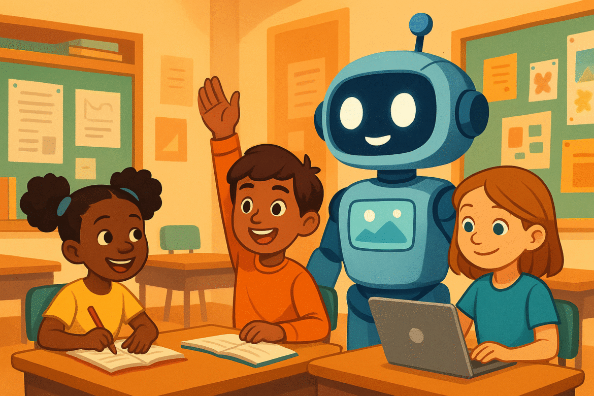 A friendly robot stands with three cheerful children in a classroom. Two kids are writing in notebooks, one is using a laptop, and one raises their hand, suggesting an interactive learning environment.