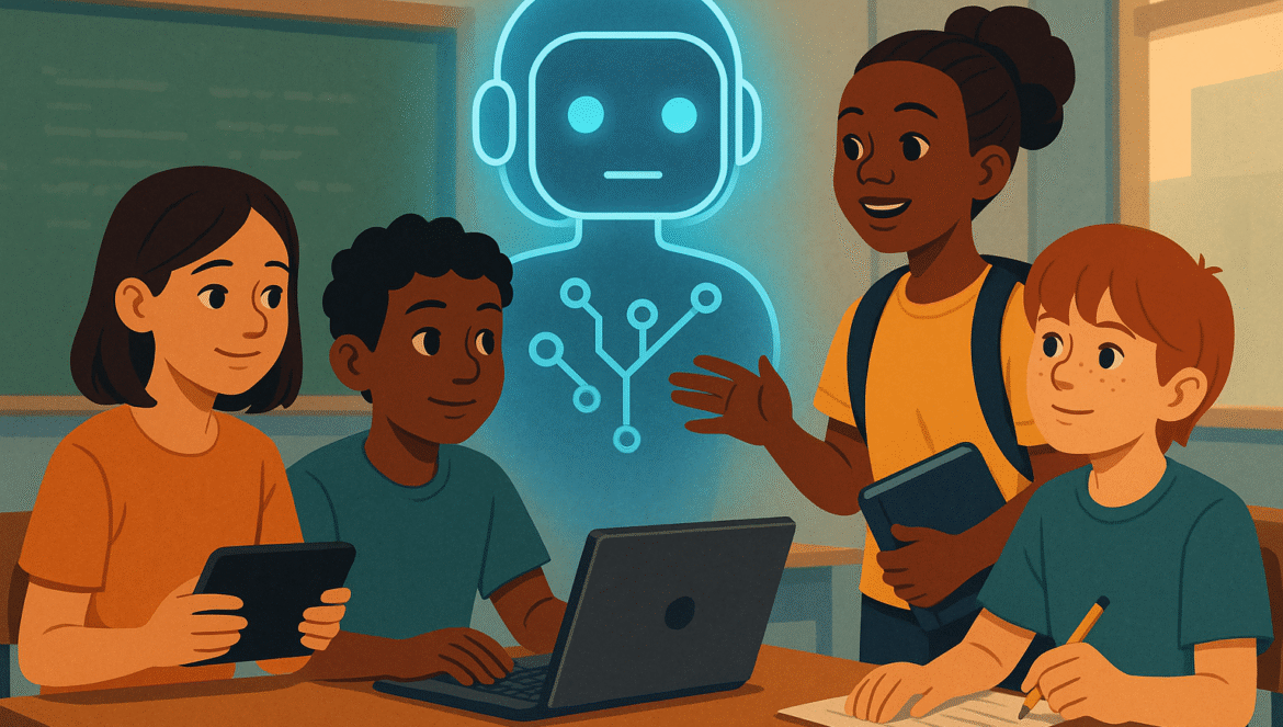 Four students in a classroom work together with tablets, a laptop, and notebooks, while a glowing holographic robot with a friendly face appears between them, suggesting they are learning about technology or AI.
