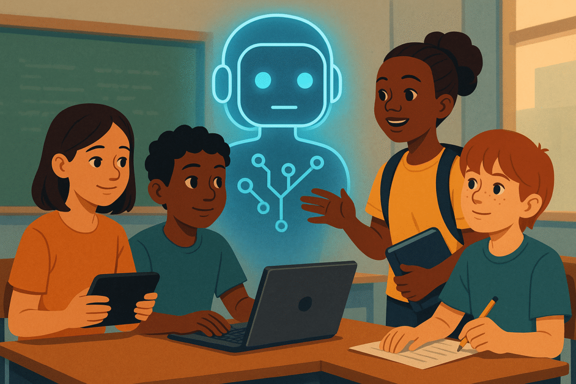Four students in a classroom work together with tablets, a laptop, and notebooks, while a glowing holographic robot with a friendly face appears between them, suggesting they are learning about technology or AI.