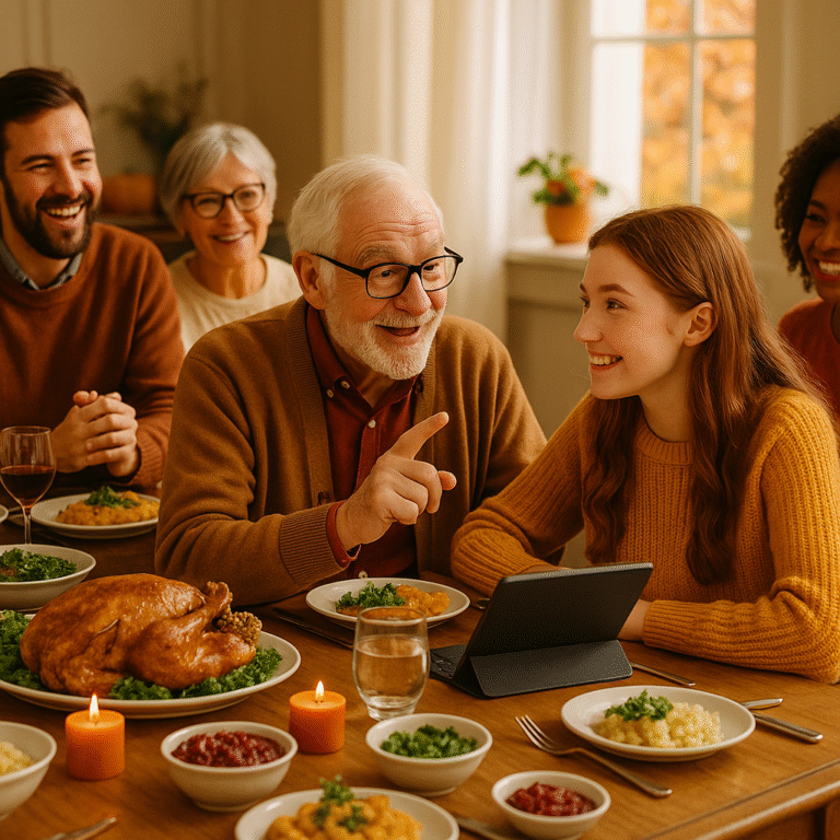 A family gathers around a dinner table set with a roast turkey, side dishes, and candles. An older man talks cheerfully to a young woman using a tablet, while others smile and enjoy the warm, festive atmosphere.