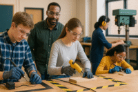 Four students wearing safety goggles and gloves work with tools in a classroom workshop. An instructor stands behind them, observing and guiding. One student uses a soldering iron, another uses a drill, and others work at benches.