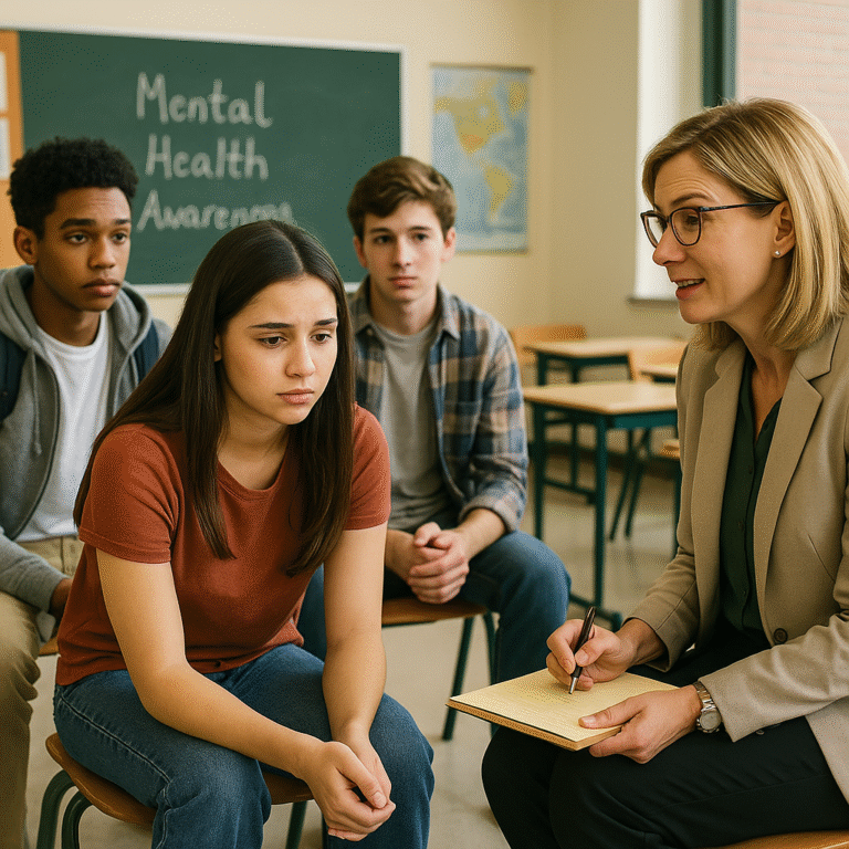 A teacher with a notepad talks to three concerned-looking teenagers in a classroom. A chalkboard behind them reads Mental Health Awareness.