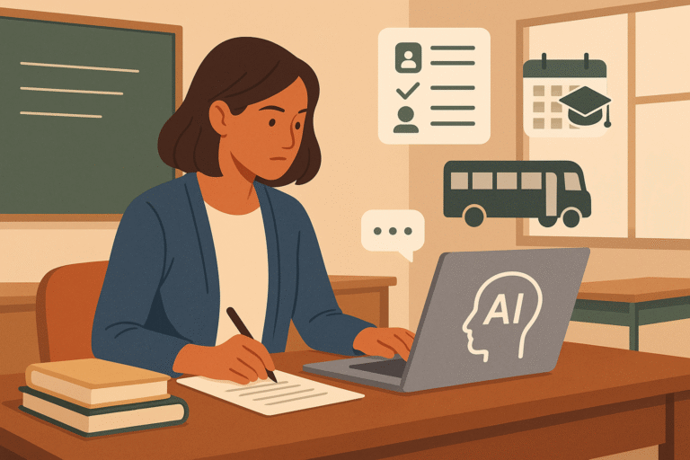 A woman sits at a desk with books, writing on paper and using a laptop labeled AI. Floating icons show a checklist, calendar, graduation cap, and a school bus, indicating educational planning with AI assistance.