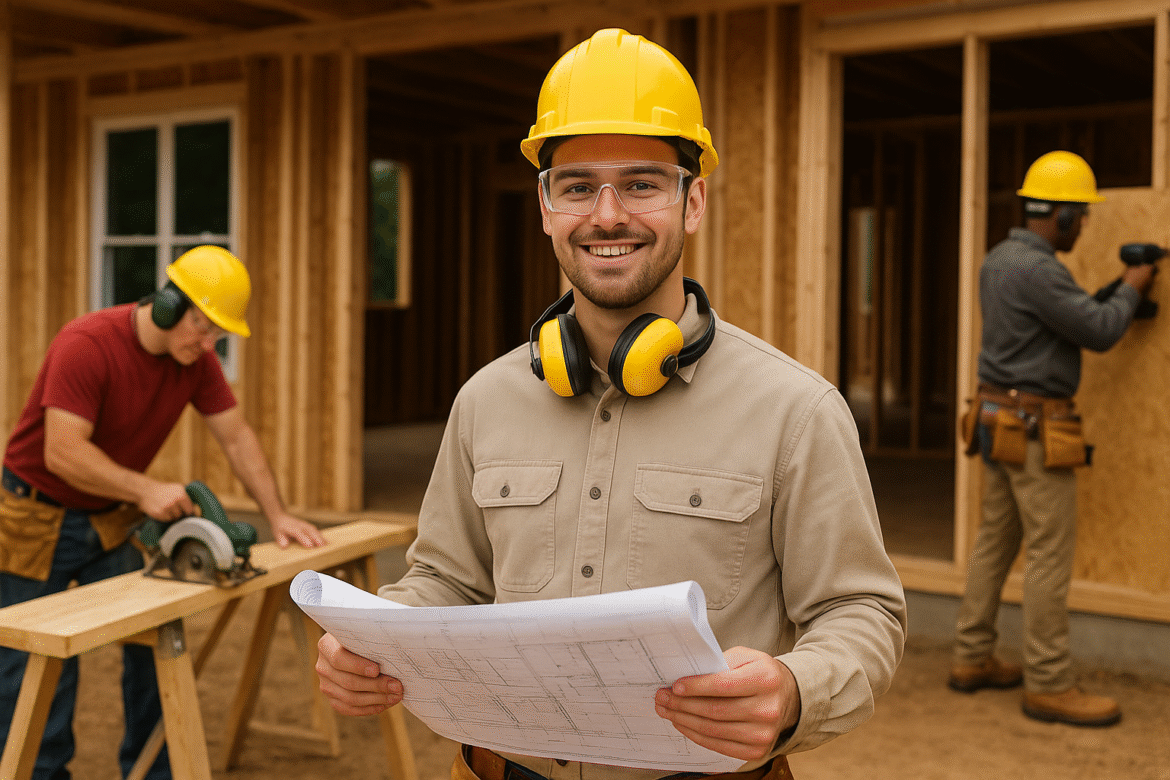 A smiling construction worker wearing a yellow hard hat, safety glasses, and headphones holds blueprints at a building site, while two coworkers work in the background with tools and wood framing.