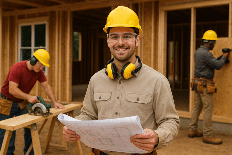 A smiling construction worker wearing a yellow hard hat, safety glasses, and headphones holds blueprints at a building site, while two coworkers work in the background with tools and wood framing.