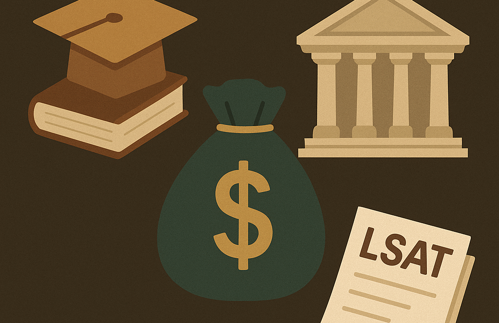 Illustration of a graduation cap on books, a courthouse, a money bag with a dollar sign, and an LSAT exam paper, representing concepts related to law school, education costs, and legal studies.