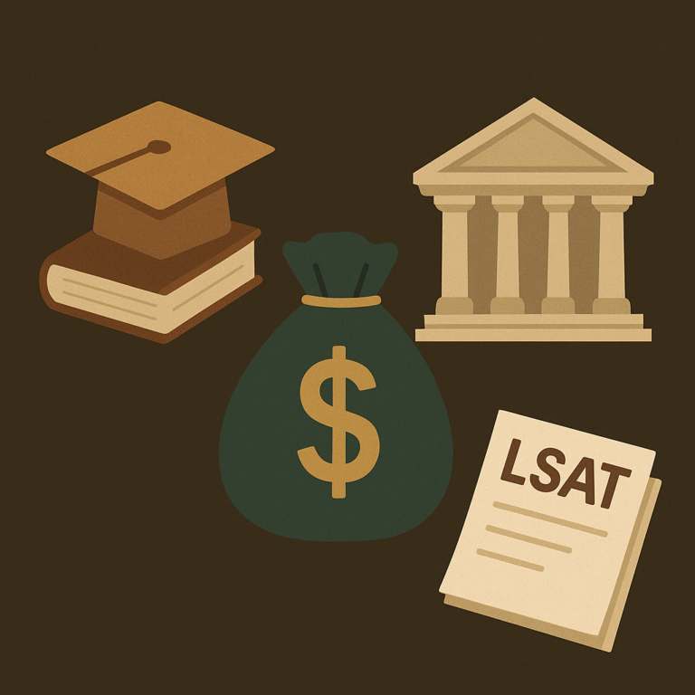 Illustration of a graduation cap on books, a courthouse, a money bag with a dollar sign, and an LSAT exam paper, representing concepts related to law school, education costs, and legal studies.