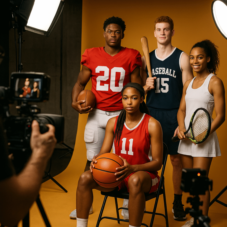 Four young athletes in uniforms pose on a yellow backdrop with a football, baseball bat, tennis racket and basketball