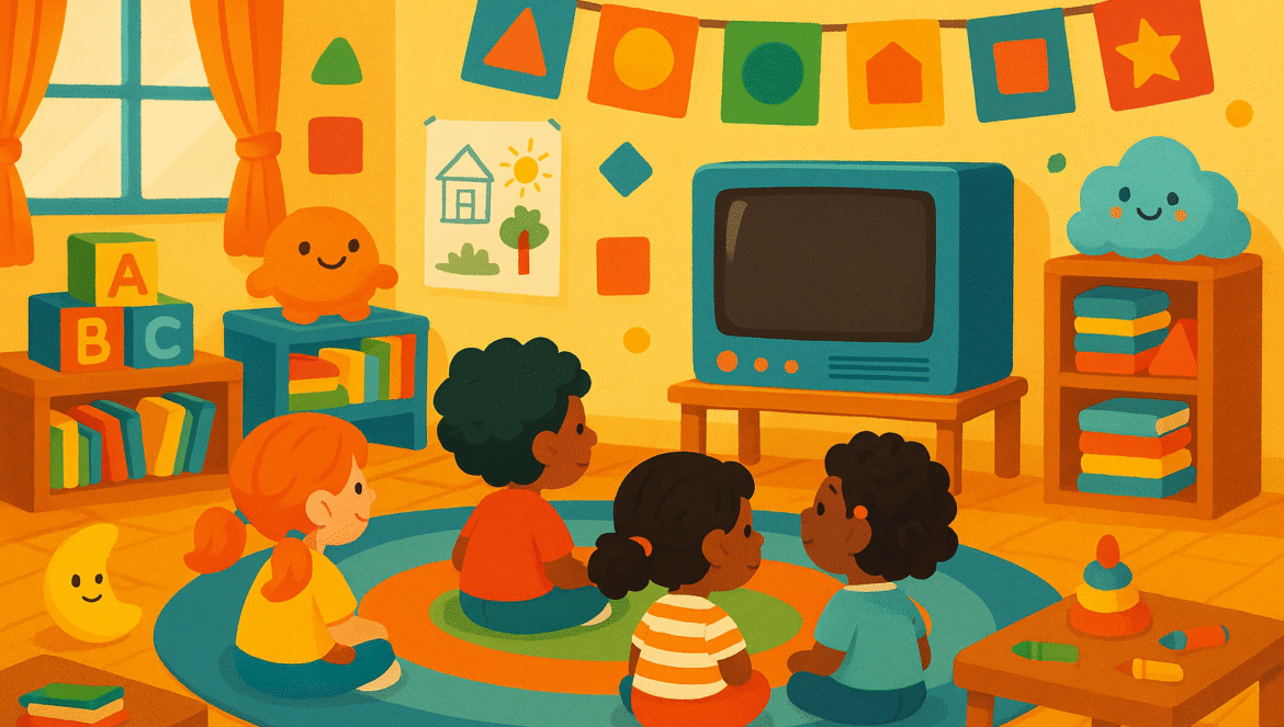 Four young children sit on a colorful rug in a cheerful classroom, facing an old-fashioned TV. Bright decorations, toys, books, and playful wall art fill the room, creating a warm, inviting atmosphere.