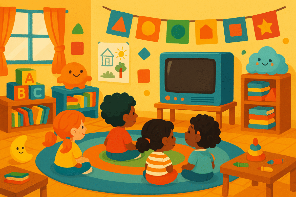Four young children sit on a colorful rug in a cheerful classroom, facing an old-fashioned TV. Bright decorations, toys, books, and playful wall art fill the room, creating a warm, inviting atmosphere.