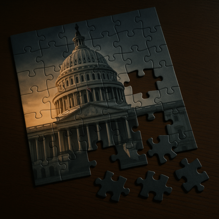 A partially completed jigsaw puzzle of the US Capitol building sits on a dark wooden surface with several pieces missing and a few loose pieces nearby