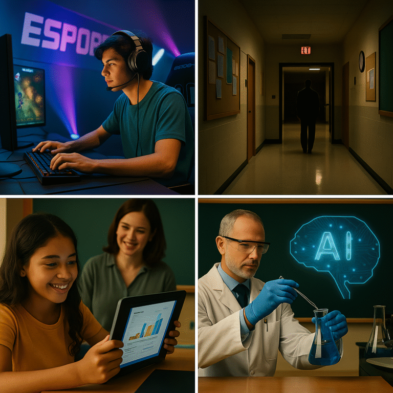 A four-panel image: a boy gaming at an esports desk, a person walking alone down a dim hallway, a girl showing a tablet to a woman, and a scientist with lab gear beside a glowing AI brain symbol.