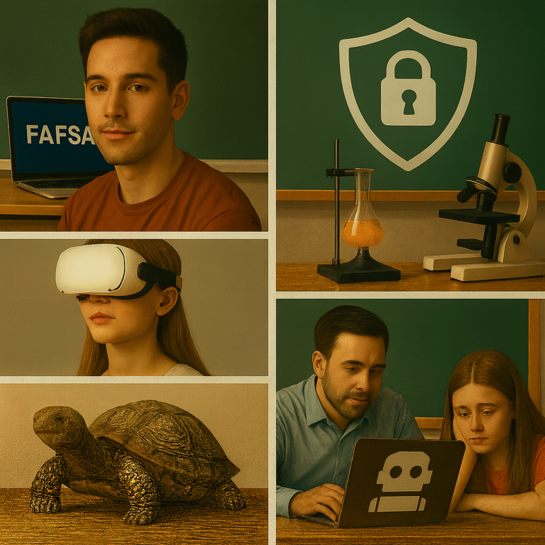 A collage shows: a young man with a FAFSA sign, a lock symbol with lab equipment, a girl wearing VR goggles, a tortoise, and a man helping a girl with a laptop displaying a robot icon.