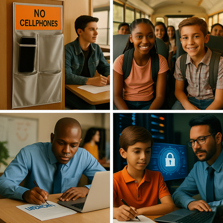 A collage: top left shows a “No Cellphones” sign with phones in pockets, top right shows smiling students on a bus, bottom left shows a man writing at a desk, bottom right shows a man and boy at a computer with a padlock icon on screen.