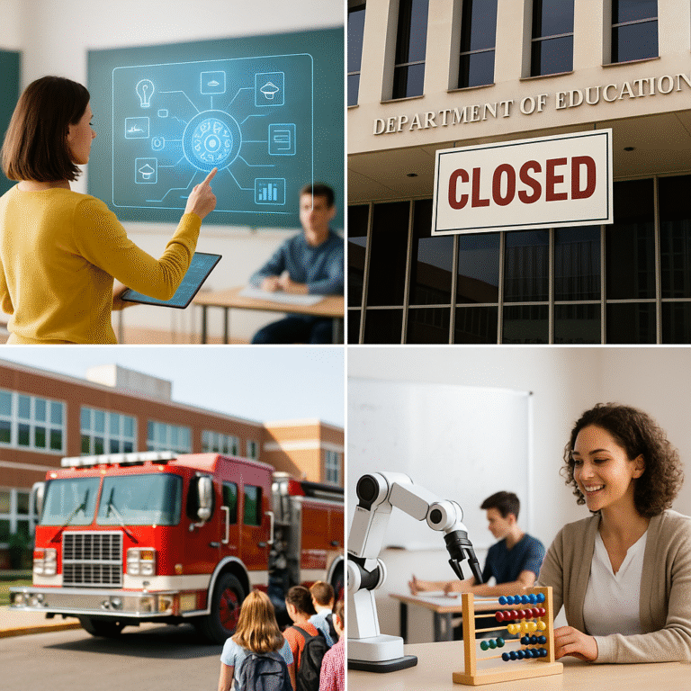 A collage: a teacher using digital tools in class, a government building labeled Department of Education with a CLOSED sign, children by a fire truck, and a teacher showing a robot with an abacus to a student.