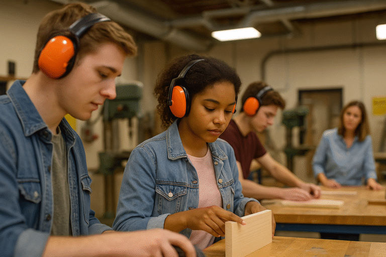 Four students wearing safety earmuffs work on woodworking projects at a table in a workshop classroom, focusing on their tasks with materials and tools in front of them.