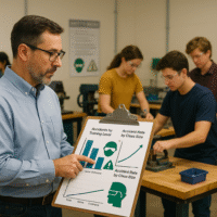 A man holding a clipboard with safety charts stands in a classroom, as students work on hands-on projects at workbenches in the background. The charts show accident rates by training level and class size.