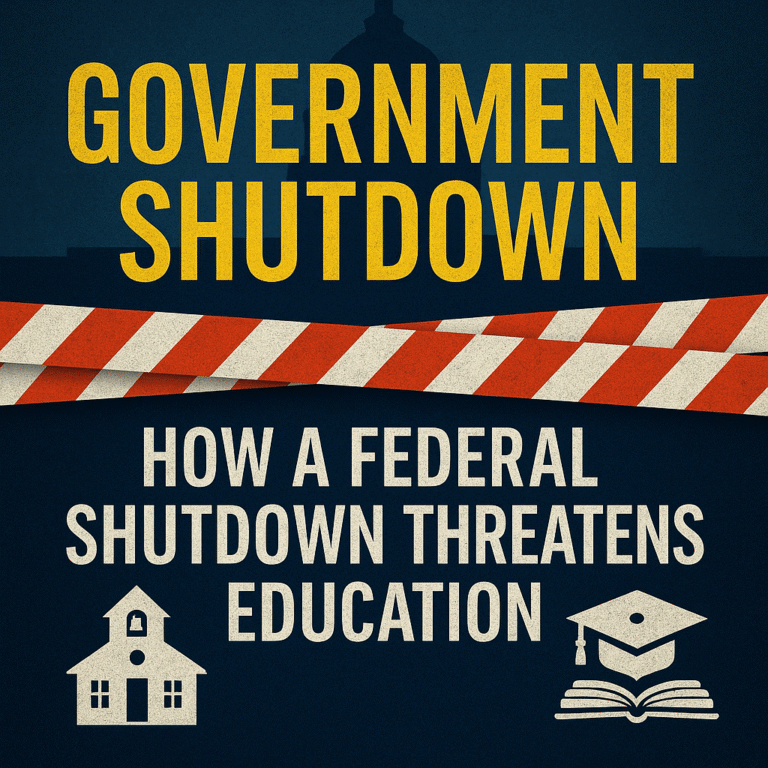 Yellow text reading Government Shutdown above red-and-white caution tape, with white text below saying How a Federal Shutdown Threatens Education, next to icons of a schoolhouse and a graduation cap with a book.