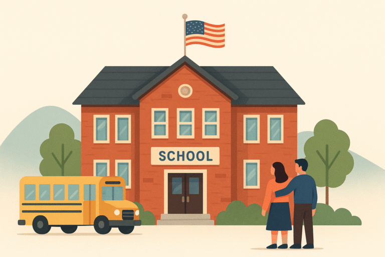Illustration of a school building with an American flag on top, a yellow school bus in front, and two people standing together, facing the school. Trees and mountains are in the background.