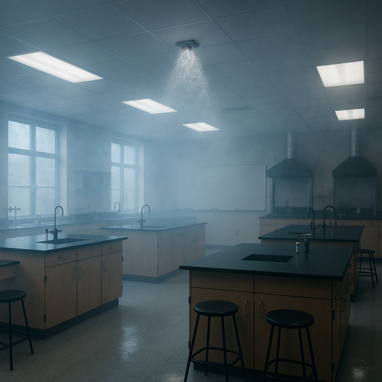 A science classroom with lab tables and stools is filled with smoke as a ceiling fire sprinkler sprays water, creating a misty atmosphere. Bright lights and large windows illuminate the scene.