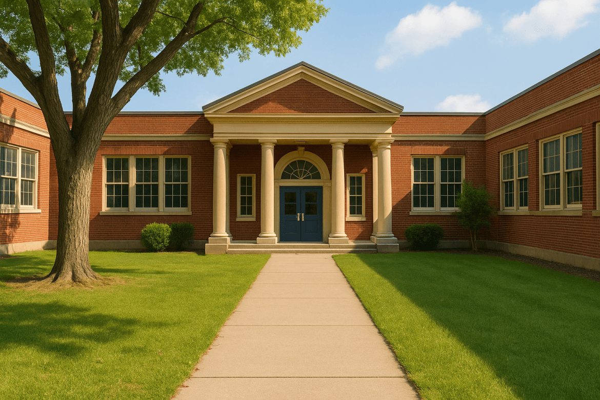 A walkway leads to the entrance of a red-brick building with columns, large windows, and a triangular pediment—an impressive campus featured in U.S. News school rankings—surrounded by green grass, trees, and a bright blue sky with scattered clouds.