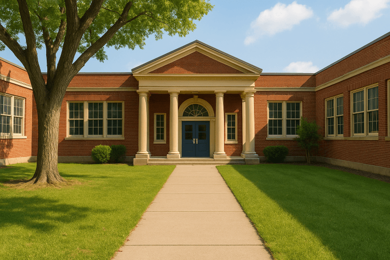 A walkway leads to the entrance of a red-brick building with columns, large windows, and a triangular pediment—an impressive campus featured in U.S. News school rankings—surrounded by green grass, trees, and a bright blue sky with scattered clouds.