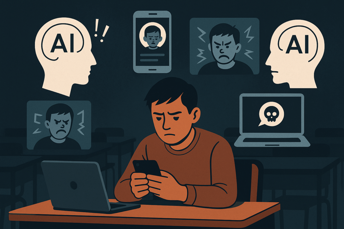 A frustrated student sits at a desk using a laptop and phone, surrounded by digital screens showing angry faces, AI symbols, and a skull, illustrating negative online interactions and AI-related stress.