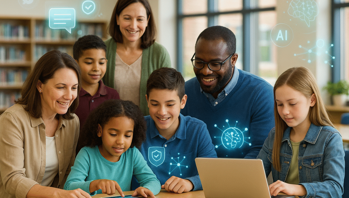 A diverse group of children and adults work together on laptops and tablets at a table, with digital educational icons and symbols, such as AI and chat bubbles, overlayed to represent technology in learning.