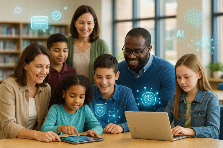 A diverse group of children and adults work together on laptops and tablets at a table, with digital educational icons and symbols, such as AI and chat bubbles, overlayed to represent technology in learning.