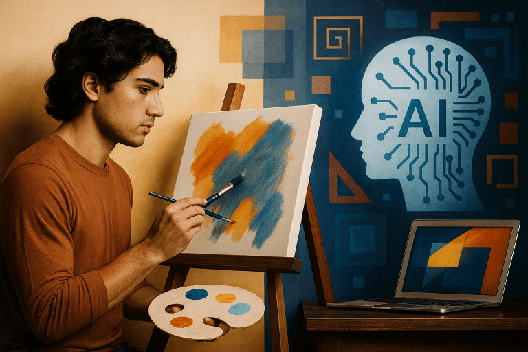 A student paints at a canvas beside a laptop showing abstract art, a mural of a circuit-patterned head behind him
