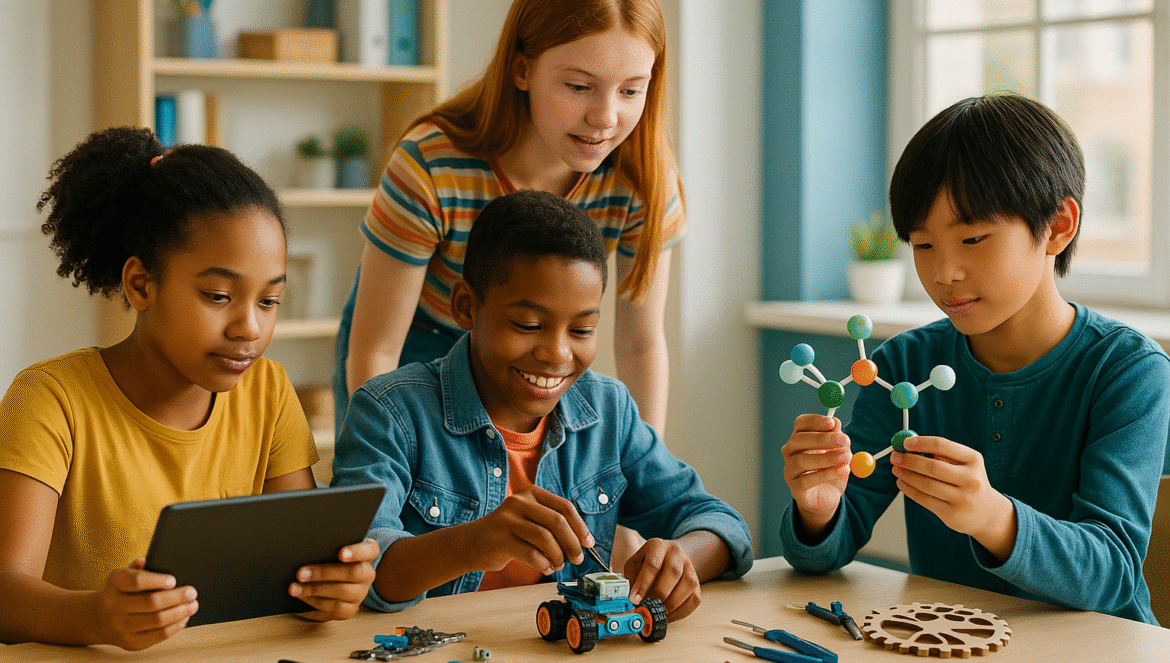 Four children work together at a table on science and engineering projects, including a tablet, a small robot, and a molecular model. They appear engaged and happy in a bright, modern classroom.