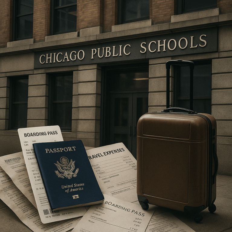 A suitcase, passport, boarding passes, and travel expense documents are placed outside a building with a sign that reads Chicago Public Schools, hinting at concerns over Chicago Public Schools travel abuse.