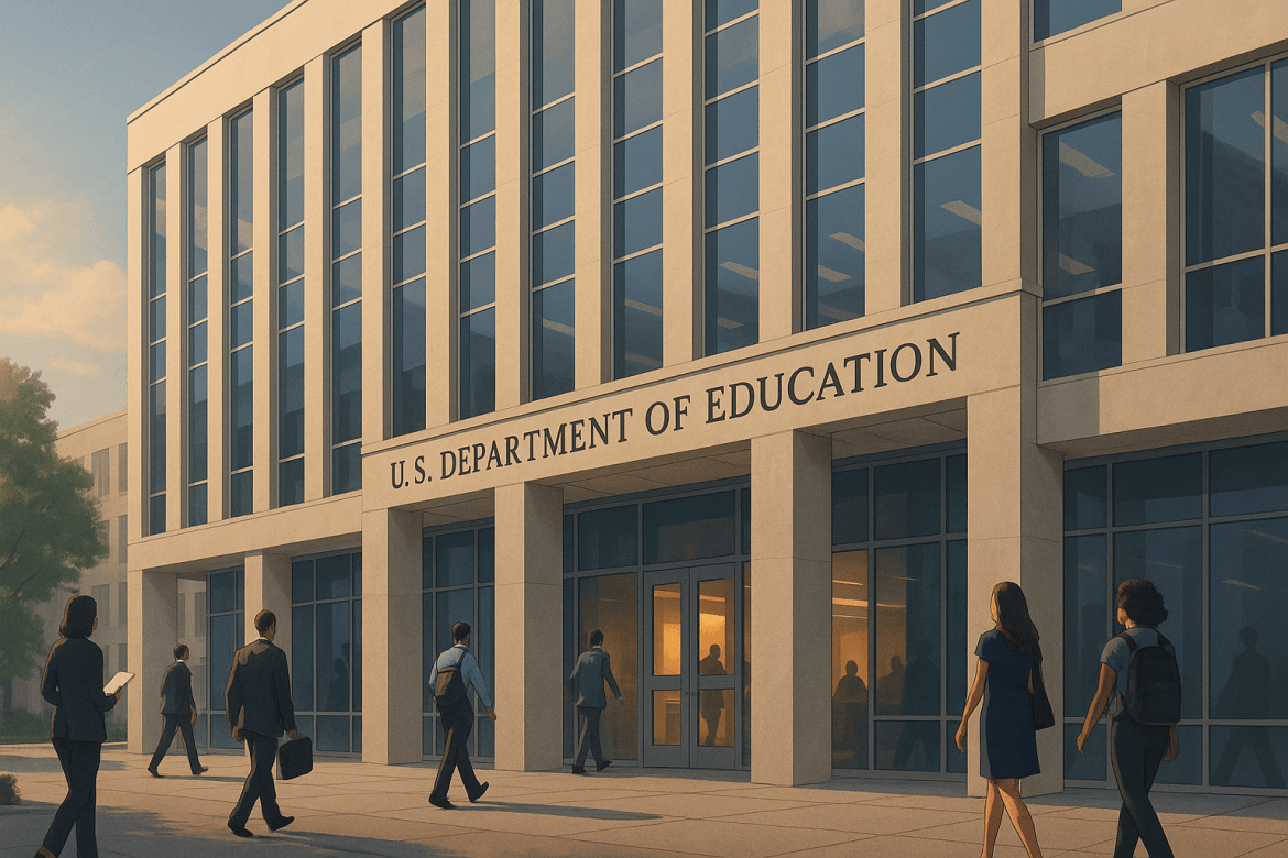 People walk toward the entrance of a modern building labeled U.S. Department of Education, its sunlit facade reflecting ongoing Department of Education restructuring efforts.